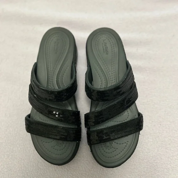 Lite Ride by Crocs Black Wedge Heel Sequin Straps Sz: 7 - Picture 1 of 7